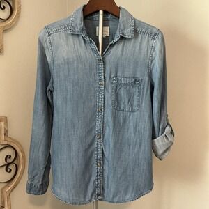 American Eagle Women's Denim Blue Button Down Lyocell Shirt Boyfriend Fit Size S